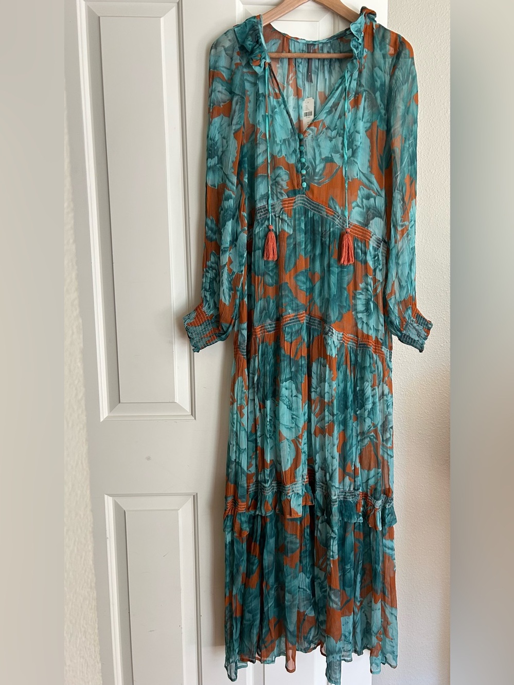 Anthropologie Long sleeve sheer Teal & Rust Floral Maxi Dress
